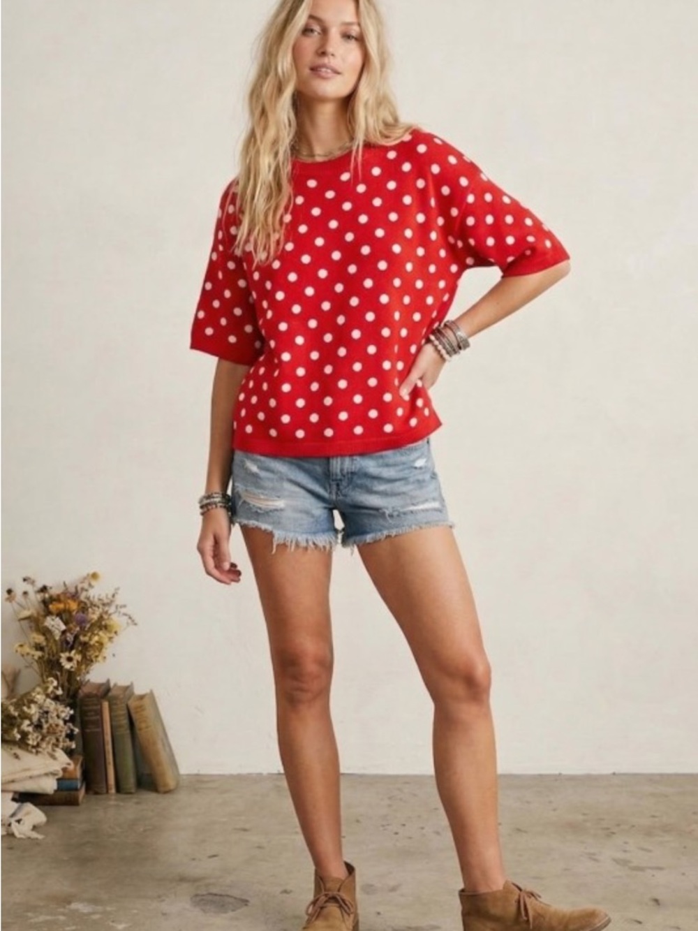 179. Polka dot oversized boxy short sleeve drop shoulder sweater red white - Picture 2 of 2